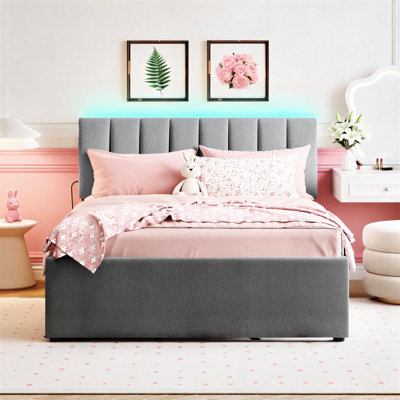 Gray teddy bear plush platform bed, full size, with built-in pull-out single extendable bed design.