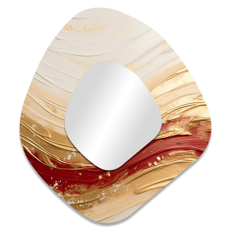 Gold And Red Soft Wave Fusion - Abstract Shapes Unique Shape Large Wall Mirror, Modern Asymmetrical Unique Mirror, Printed Metal Art