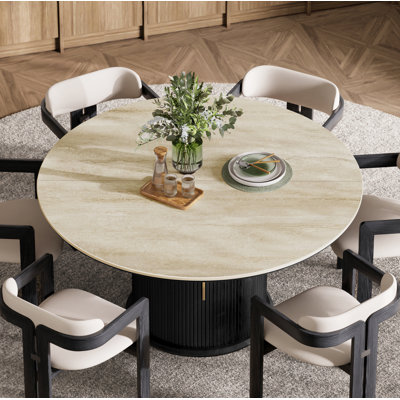 55.12'' Round Sintered Stone Dining Table With Storage Pedestal Base，Black