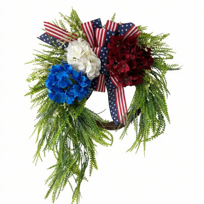 4th of July Independence Day Wreath for Front Door, Red White Blue Artificial Hydrangea Wreath with USA Flag Bow, Patriotic Hanging Wreath for Holiday Wall Window Farmhouse Decor