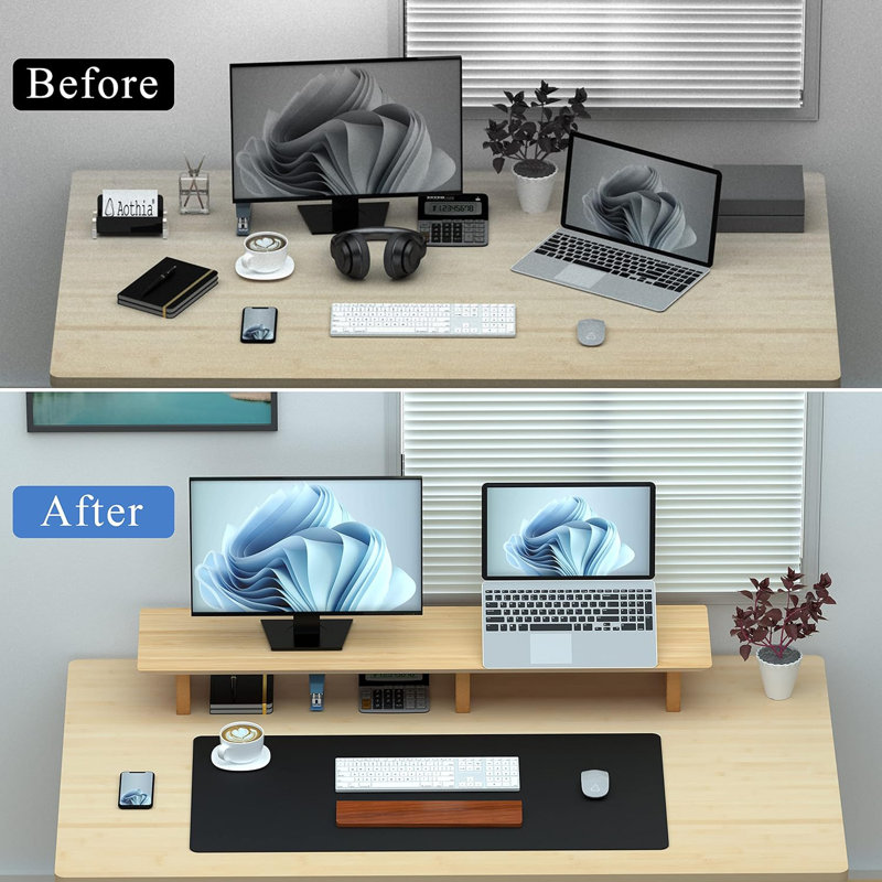 Large Dual Monitor Stand Riser, Solid Wood Desk Shelf With Eco Cork Legs For Laptop Computer/TV/PC/Printers, Perfect Desktop Stands Organizer With Underneath Storage For Office Accessories