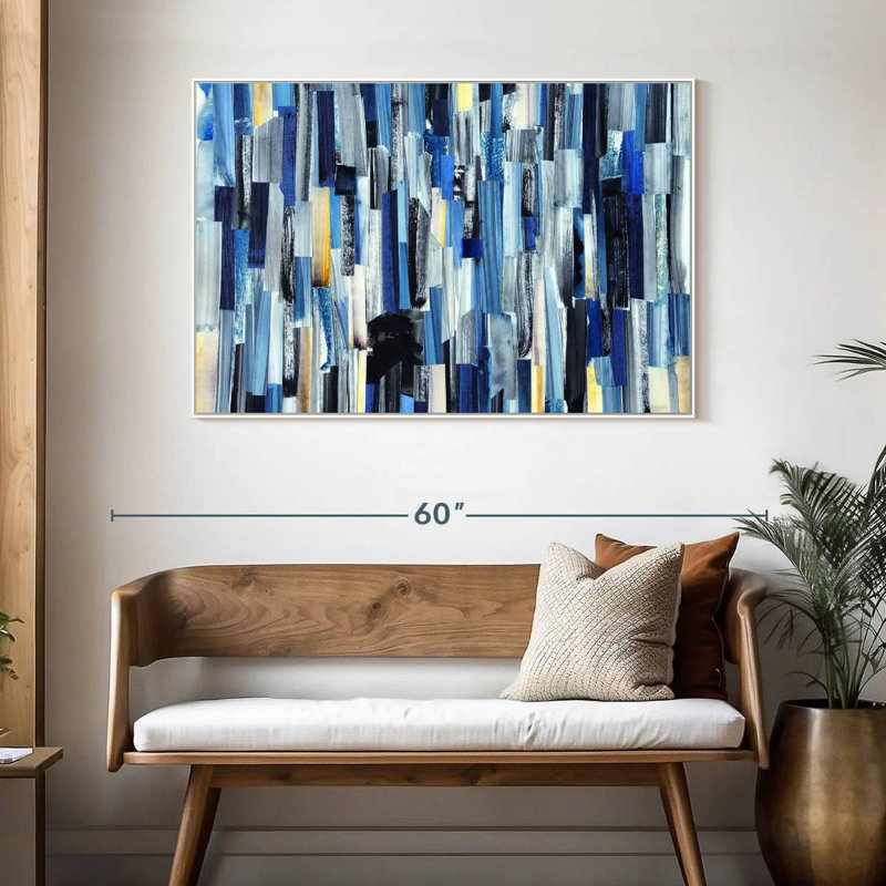 Rayé bleu abstrait, Cadre flottant blanc, 46 po x 31 po