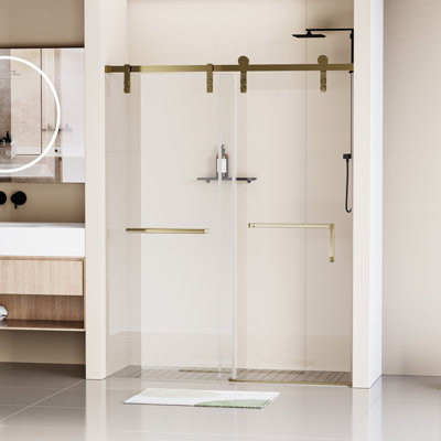 Porte de douche sans cadre à fermeture en douceur l 60 po x H 76 po, porte de douche coulissante simple, porte de douche en verre trempé transparent anti-déflagrant 5/8 po (8 mm)