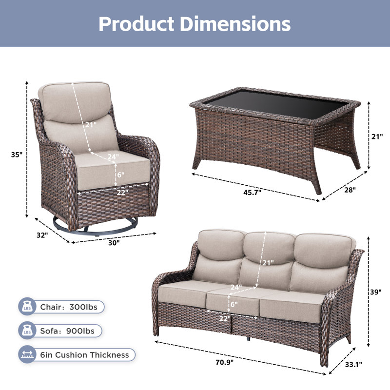 Outdoor Patio Wicker Sofa Conversation Set With Swivel Chairs And Coffee Table, Beige, Brown