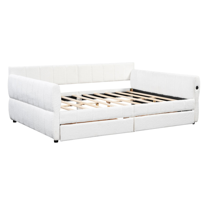 Upholstered King Daybed With USB and Drawers, White