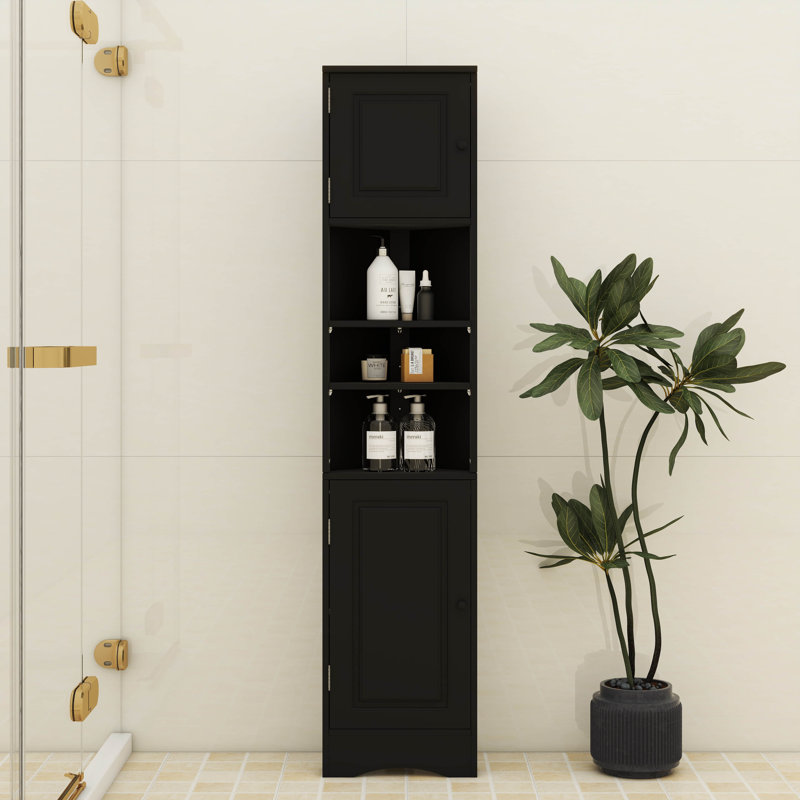 Grande armoire d'angle avec 2 portes, 3 tablettes et une tablette exposée, Noir