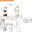 Bureau de maquillage avec 3 modes d'éclairage, 2 tiroirs, 6 tablettes, miroir, prise de courant, tabouret rembourré, finition blanche pour la configuration de la table de chambre à coucher, - étagère à couches, siège, miroir beauté