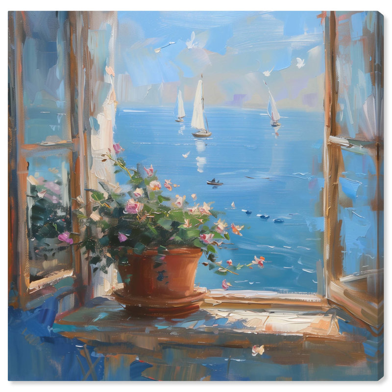 Coastal Window View Blue and Brown Canvas Landscape Art, 30" x 30"