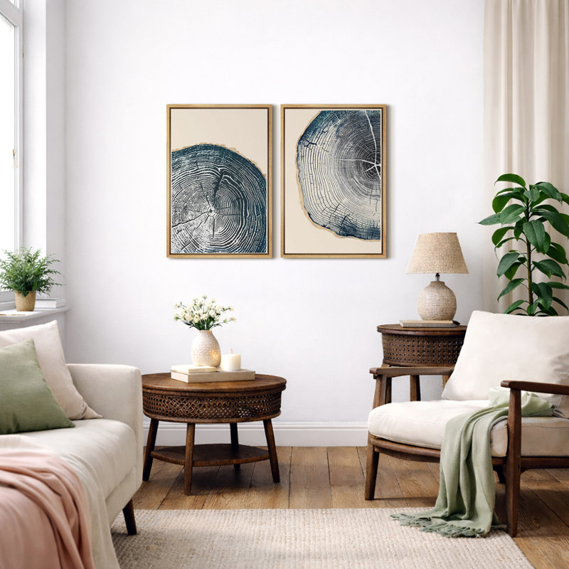 Tree Ring "Navy Blue Wood Stump Artwork, Simple Modern Rustic Wall Pictures, Framed Canvas Giclee Print 2 Pieces Wall Art Set" 16x24x2 pcs, 24x36x2 pcs