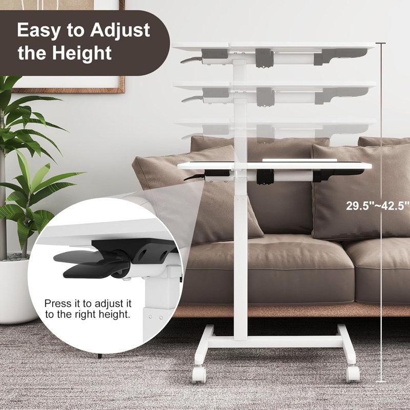 Adjustable Tilt Overbed Bedside Table With Wheels Mobile Laptop Tray, White