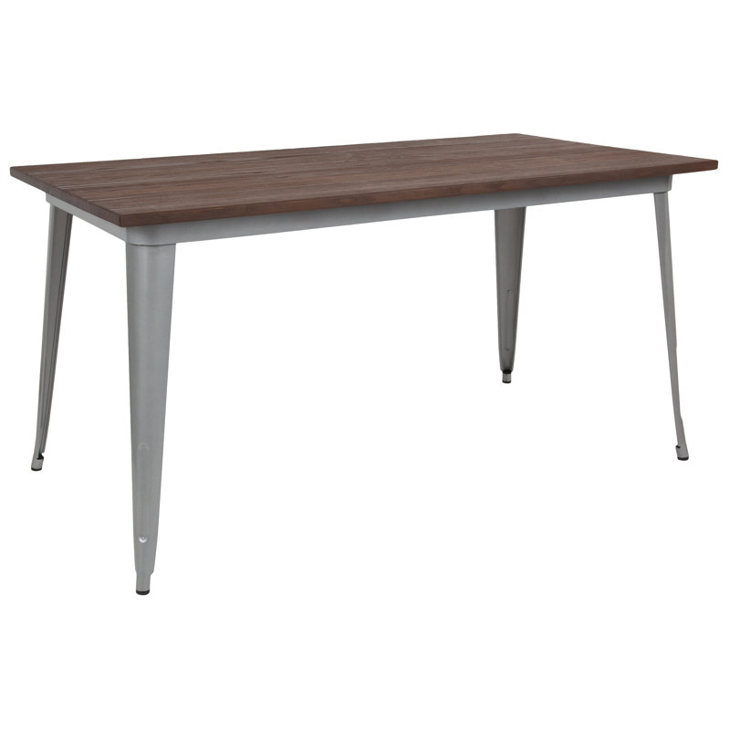 Oxfordshire 30.25" x 60" Rectangular Metal Indoor Table with Rustic Wood Top, Silver