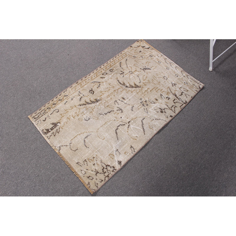 Vintage Turkish Oushak Small Area Rug in Beige with Unique Wool Design for Entryways
