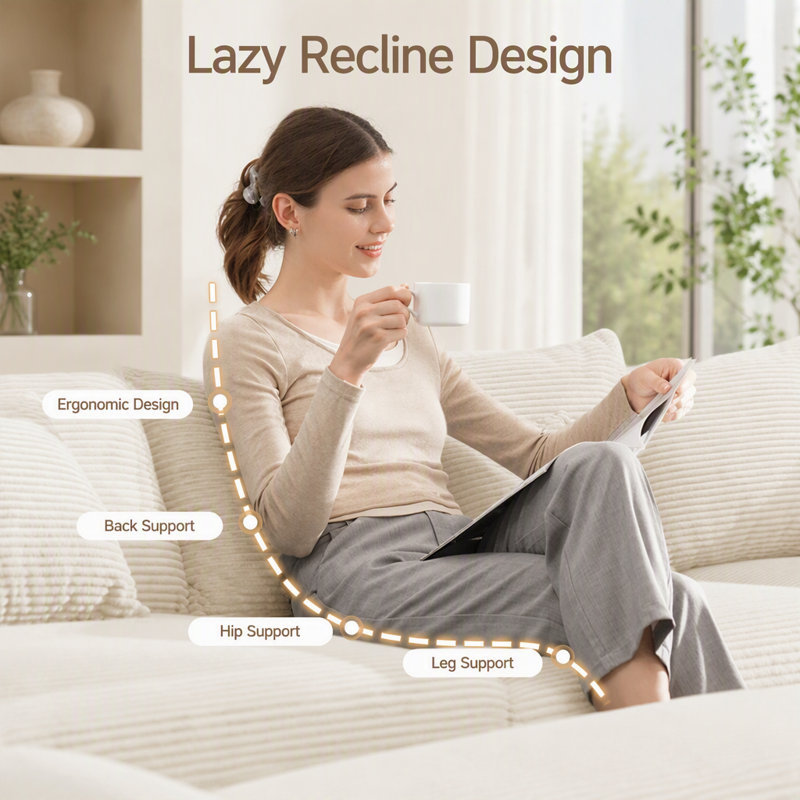 Canapé d'angle modulaire surdimensionné Cloud de 330 cm (130 pouces), canapé 3 places en velours côtelé haut de gamme avec accoudoirs extra-épais et design ergonomique, montage facile pour salons et bureaux, couleur crème