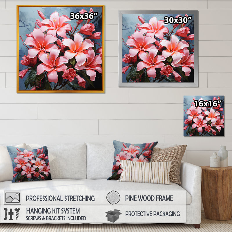 «Pink Fragrant Plumeria Serenade II», reproduction d'art sur toile, H 30 po x l 30 po x P 1 po, Cadre flottant blanc