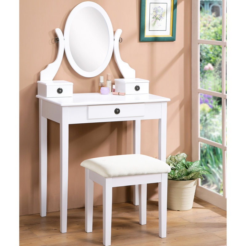 Fashionable White Vanity Table And Cushioned Stool In Wood With 3 Storage Spaces Mirror Desk Compartments Oval, White