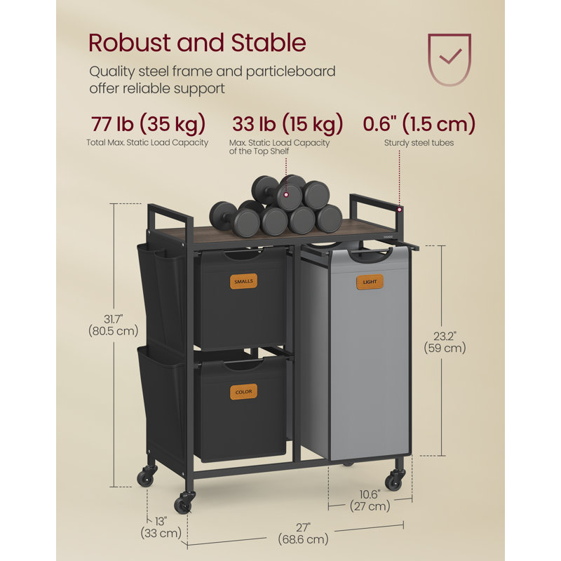 Panier à linge avec 3 compartiments, 26,4 gallons (100 L), trieur de linge, chariot à linge roulant avec tablettes, petites poches latérales, 6 étiquettes, brun châtaignier