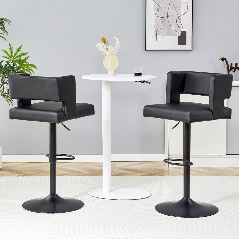 Adjustable Height Bar Stool Faux Leather Upholstered Bar Stool, Black Seat/Black Frame