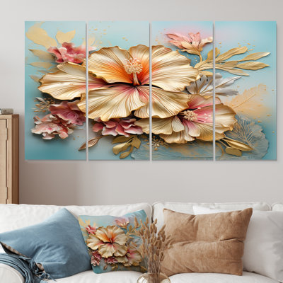 Adams Gilded Hibiscus Tropical Flower On Vintage - Hibiscus Wall Art Set 4 Piece