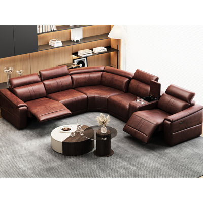 Canapé modulaire en cuir brun foncé 6 pièces pour le salon, inclinable électrique avec cuir respirant, mousse à haute résilience, structure en bois, porte-gobelets et rangement efficace