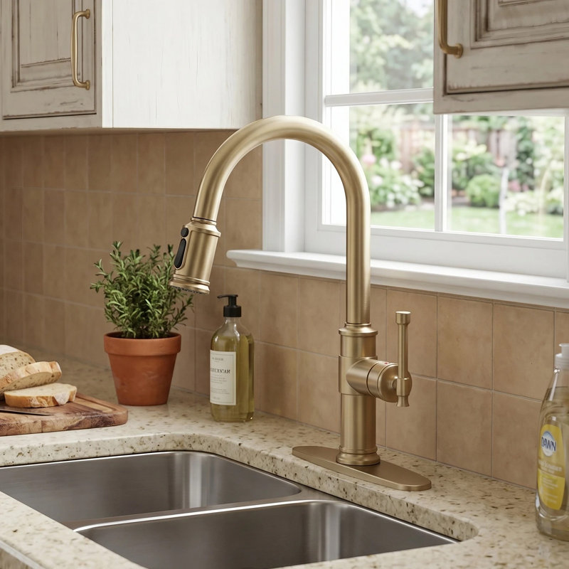 Single Handle Pull Down Sprayer Kitchen Faucet With 3-Spray Modes In Spot Free Stainless Steel, Gold