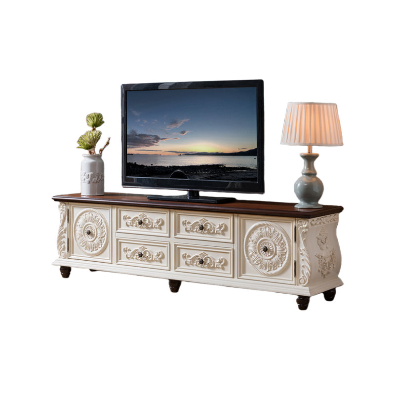 Vintage Carved Solid Wood TV Cabinet Unfinished TV Stand for TVs up to 75", Vintage White