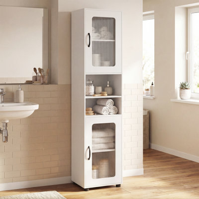 Bathroom Cabinet, Slim Floor Storage Cabinet with 2 Fluted Doors,4 Rubber Feet White