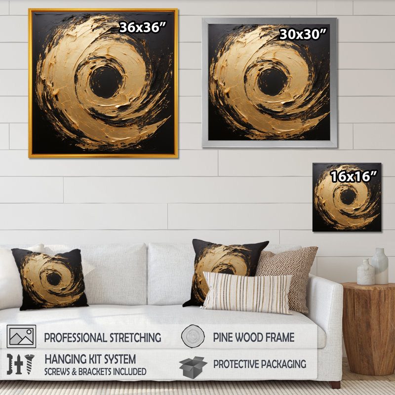 Vortex galatique doré et noir en spirale - Spirales abstraites, art mural, H 36 po x l 36 po x P 1,5 po, Toile tendue