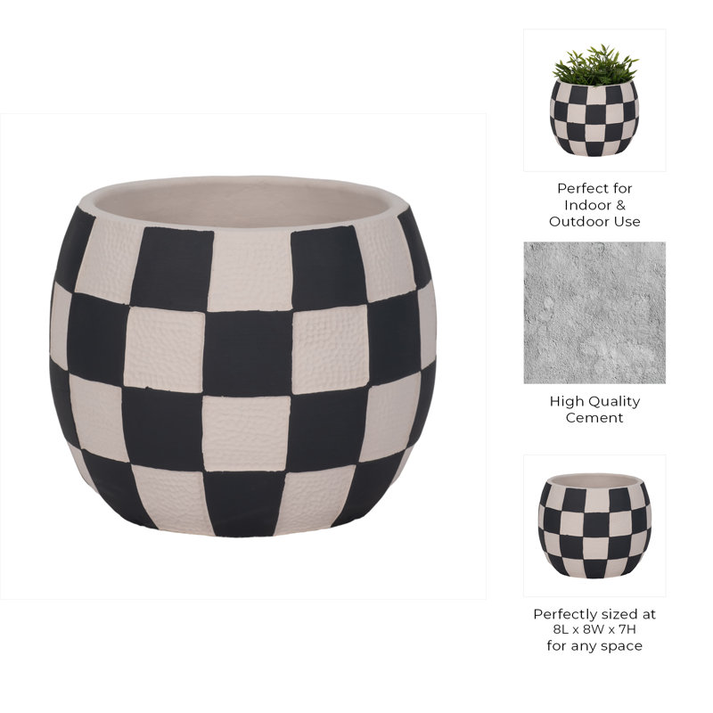 Sagebrook Home 8" Checkerboard Rounded Planter, Black/White, 7" H x 8" W x 8" D