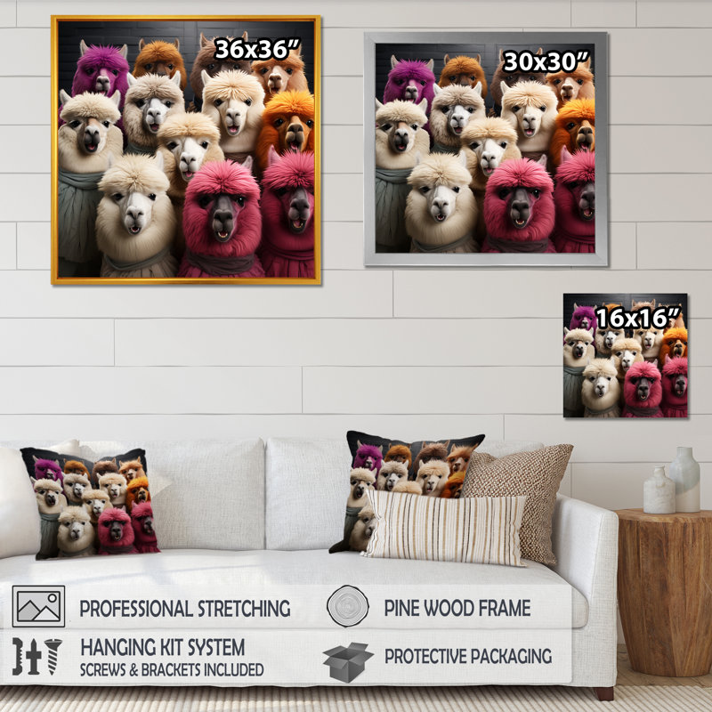 Cheerful Alpaca Family Portrait II - Boho Tiles, art mural, Cadre simple blanc, H 36 po x l 36 po x P 1,5 po