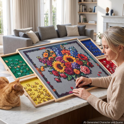 1500 pièces 2-en-1 1500 pièces 4-en-1 inclinable et pivotante 4 tiroirs 34 x 25 po, table en bois portable avec tiroir en feutre coloré et couvercle