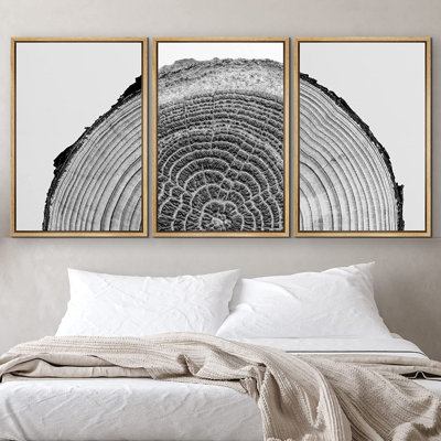 "Noir et blanc", anneaux d'arbre en bois, art moderne sur toile neutre encadrée, 3 pièces