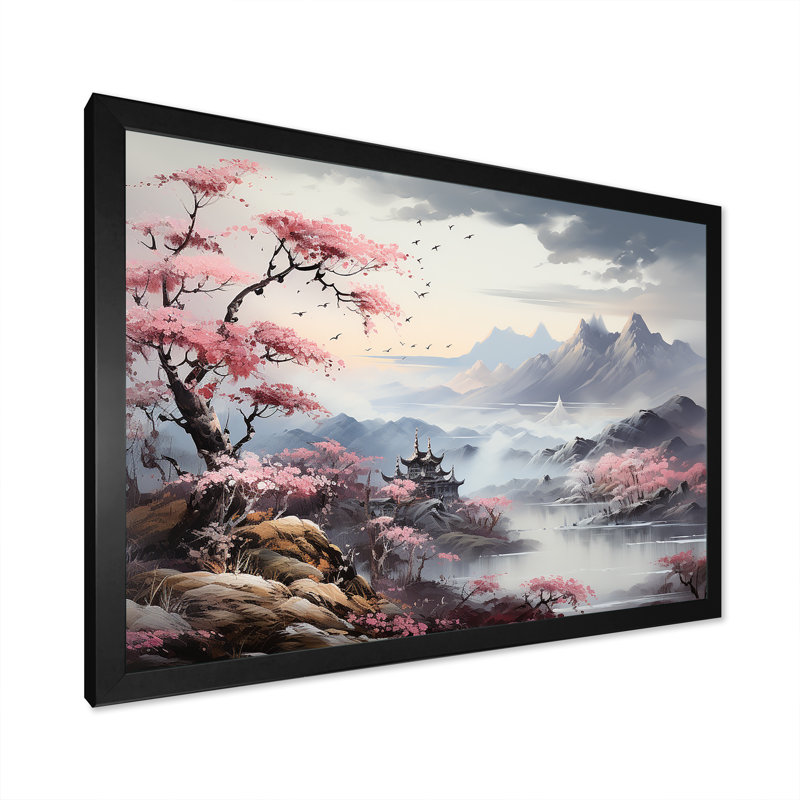 Paysage de rivière Japon en automne - reproduction, Cadre simple noir, H 16 po x l 32 po x P 1 po