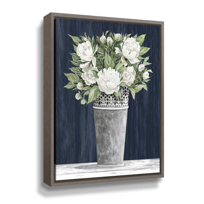 «Punched Tin White Floral» par Cindy Jacobs, reproduction d'art sur toile blanche et bleue, H 10 po x l 8 po x P 2 po
