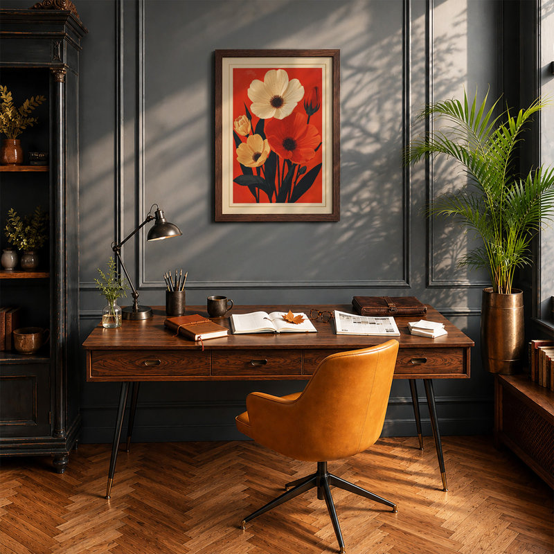 Poppy Study in Red Botanical - Framed Print, A2 - 59.4 x 42.0 cm, Walnut
