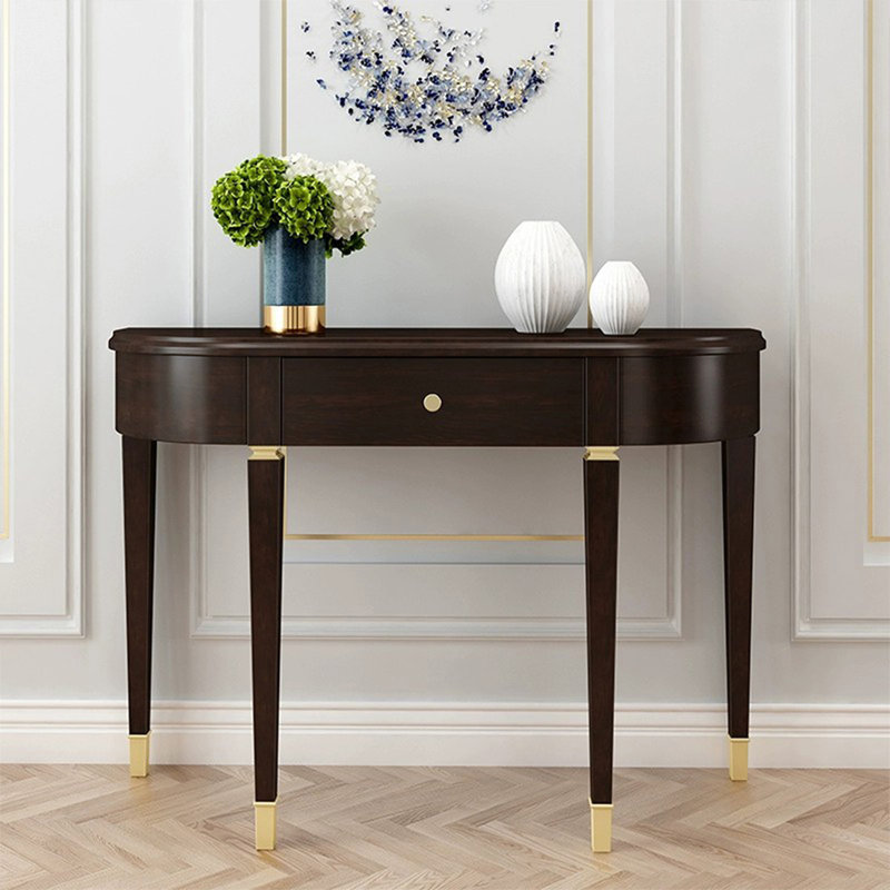 Dark Brown Solid  Wood Half-circle Console Table, 33.46" H x 39.37" W x 12.6" D