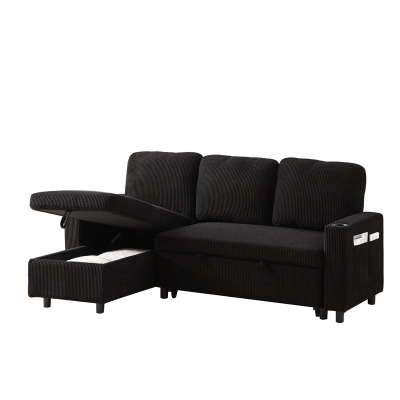 Lit en velours côtelé réversible de 78,7 po à usages multiples avec canapé-lit, mousse confortable, 3 places, noir, structure en bois en forme de L pour coussins en mousse souple polyvalents