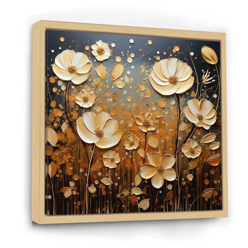 «Wildflowers Golden Petals Pointillism Dot» - Art mural sur toile fleurs sauvages, Cadre naturel flottant