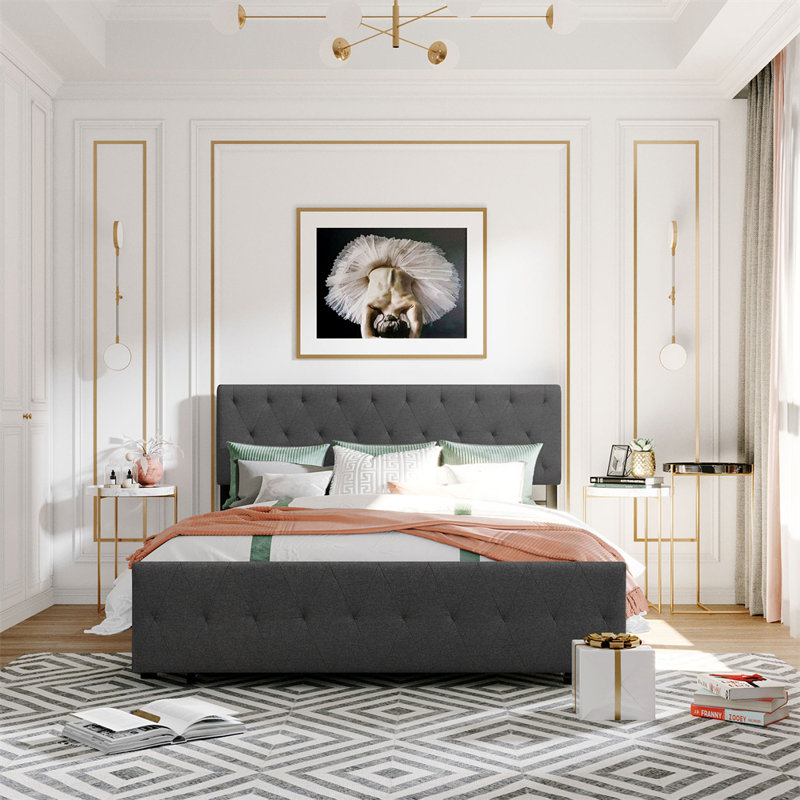 Lit plateforme capitonné avec rangement, Grand, Gris incorrect
