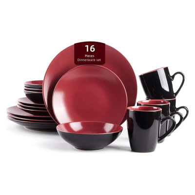 Service de table 16 pièces en grès bicolore Life, extérieur noir lustré et intérieur émaillé mat, pour 4 personnes.