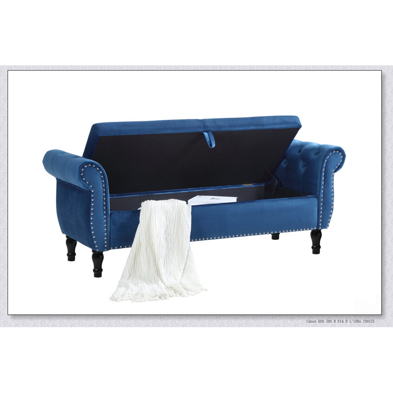 Tabouret de canapé rectangulaire multifonctionnel en velours avec boutons, conception capitonnée, garniture cloutée et pieds en bois massif, comprend 1 coussin