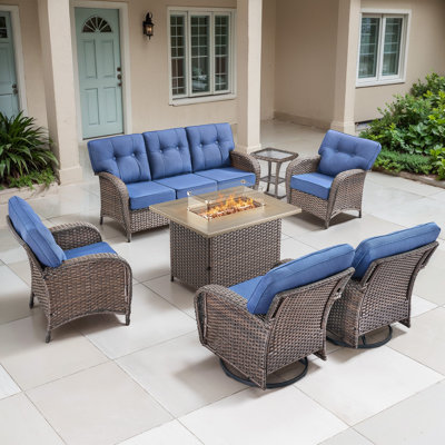 Agnes 7-Person All-Weather Wicker Outdoor T-Back Cushions Conversation Set With Fire Pit Table