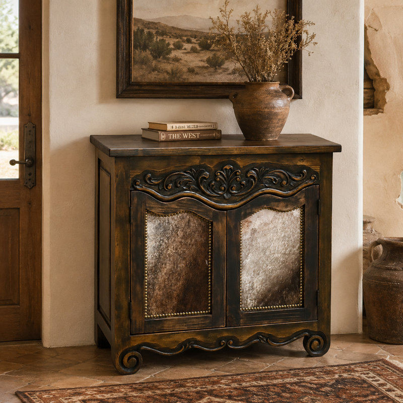 Rustic Hand-Carved Cowhide Inlay Accent Cabinet