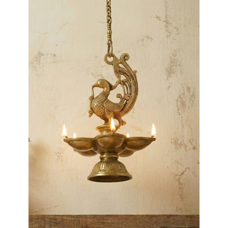 10-Inch Handmade Brass Mayura Peacock Hanging Puja Lamp - Traditional Oil Diya Spiritual Home Decor Lighting