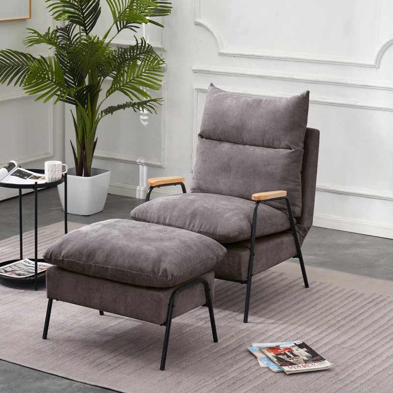 Modern Accent Recliner with Ottoman, Linen Fabric Armchair with Adjustable Backrest and Pillow, Dark Gray