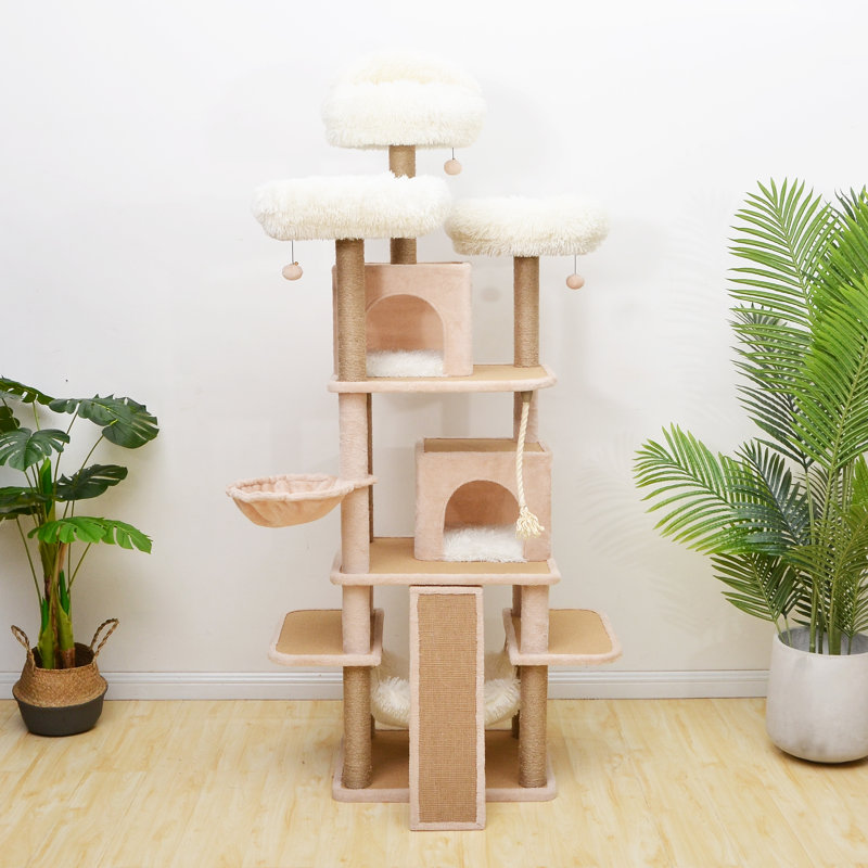 Beige 75" Freestanding Cat Tree with Sisal Posts and Faux Fur Perches
