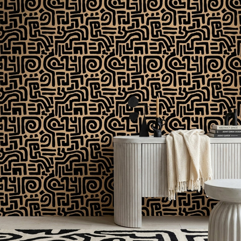 Rouleau de papier peint à motif de labyrinthe de labyrinthe abstrait noir et brun clair, Textured Non-Pasted
