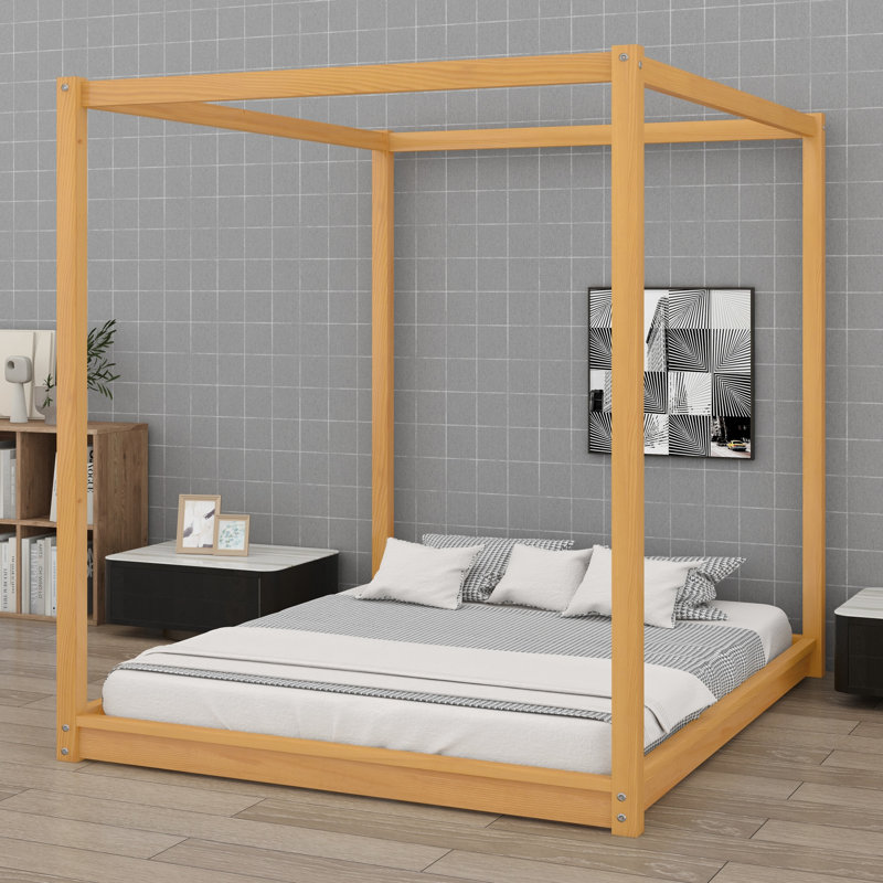 Lit plateforme contemporain à baldaquin avec pieds de soutien pour la chambre à coucher, Naturel