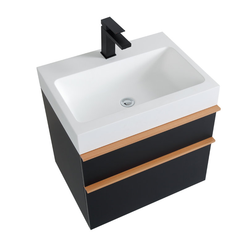 Meuble-lavabo mural noir de 24 po avec tiroirs à fermeture en douceur, poignées en bois massif bicolore, lavabo en acrylique intégré et finition matte confortable au toucher facile à nettoyer