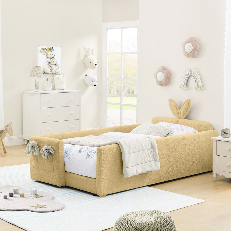 Lit simple avec housse en forme de boucle, tête de lit en forme d'oreille de lapin, rail et pochette de rangement, convient à un agencement de chambre à coucher