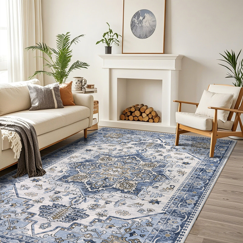 Tapis oriental bleu / beige lavable à la machine, Rectangle 5 pi x 7 pi